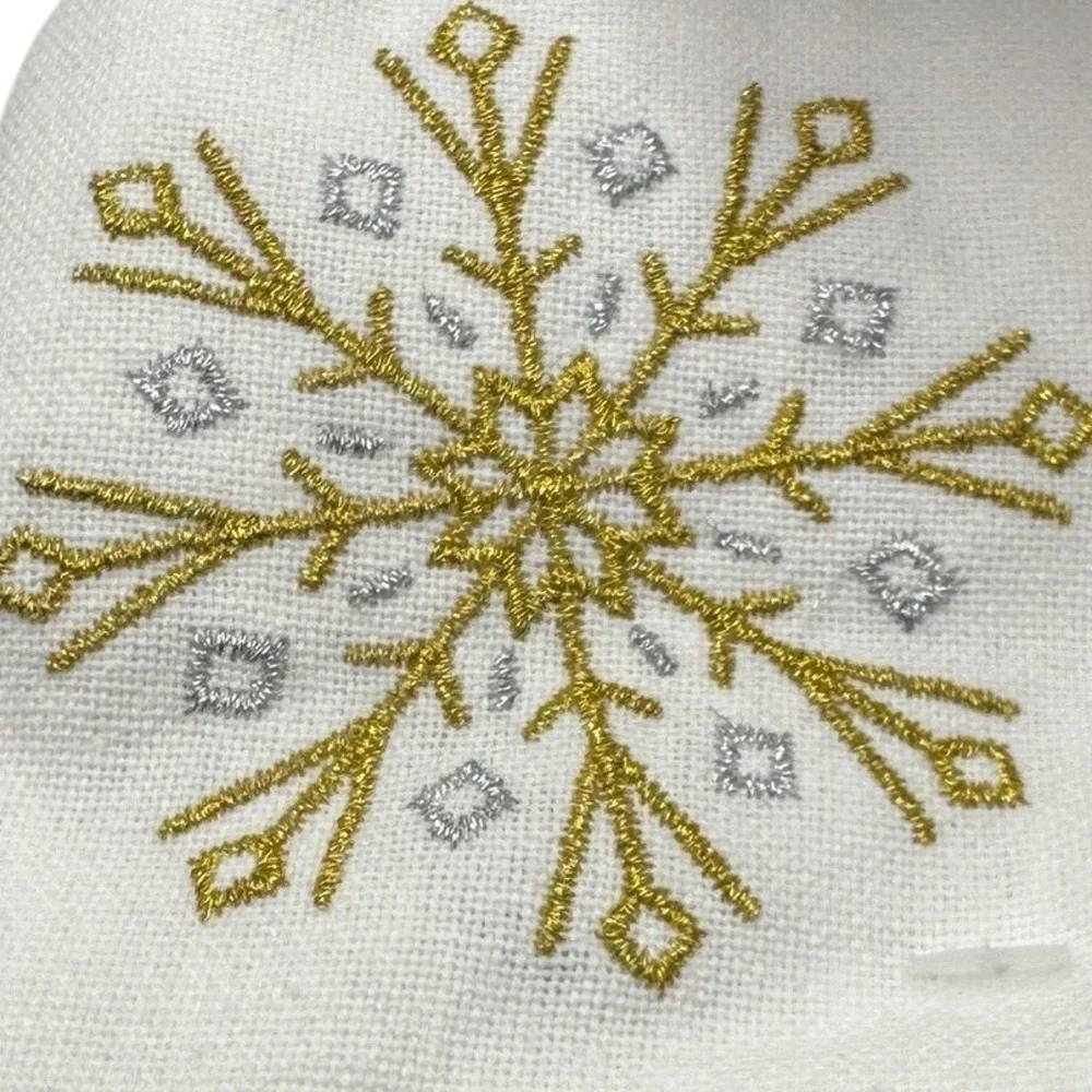 UniQloth White Cotton Dinner Napkins Set‎ of 12 Gold Silver Snowflake Embroidery